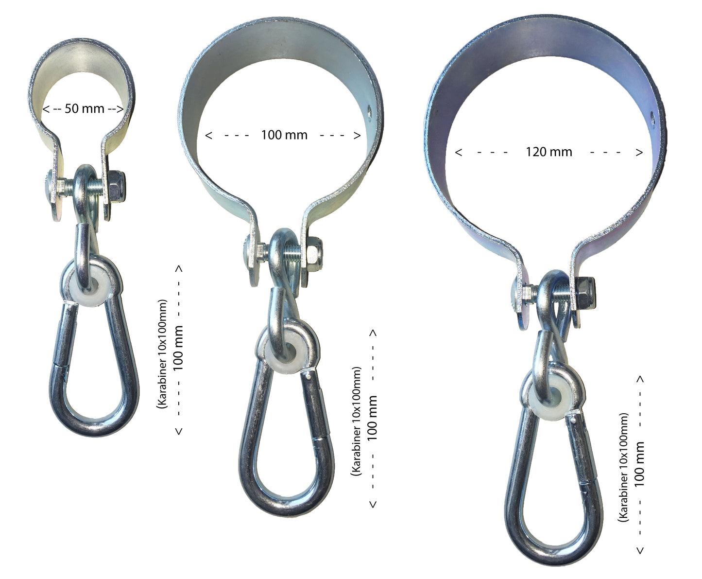 Manschettenhaken mit Karabiner verzinkt, Schaukelhaken für Rohre oder Rundhölzer, 2er Set (50 mm)